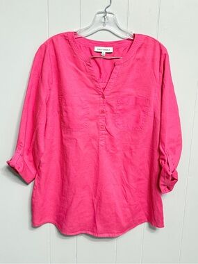 #15)  Emily Daniels Women's Hot Pink Split-Neck Tunic Blouse